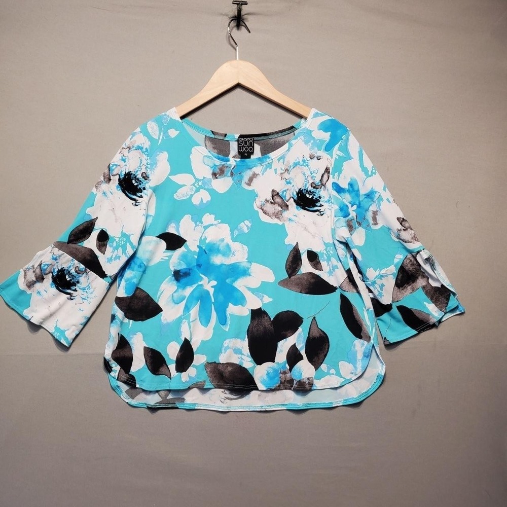 Clara Sunwoo Floral Blouse Womens PS Petite Blue Bell Sleeve Stretch Quiet Lux